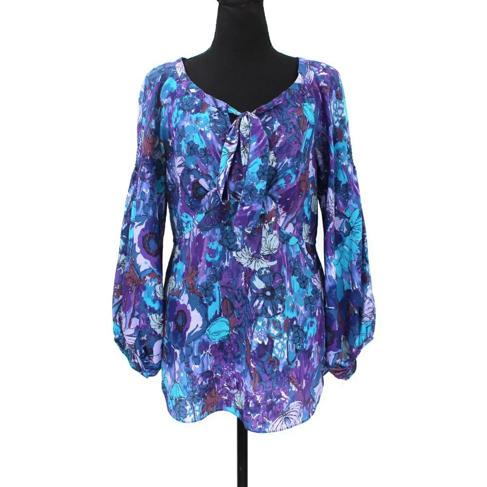 Rebecca Taylor Silk Blue Purple Abstract Floral Print Blouse 8 Tie Neckline Top